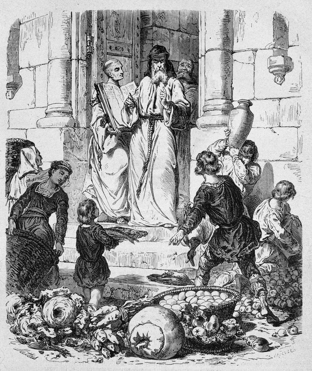 Mnisi zbierają dziesięciny od ludzi – w „Histoire des Popes” Maurice Lachatre autorstwa Unknown artist