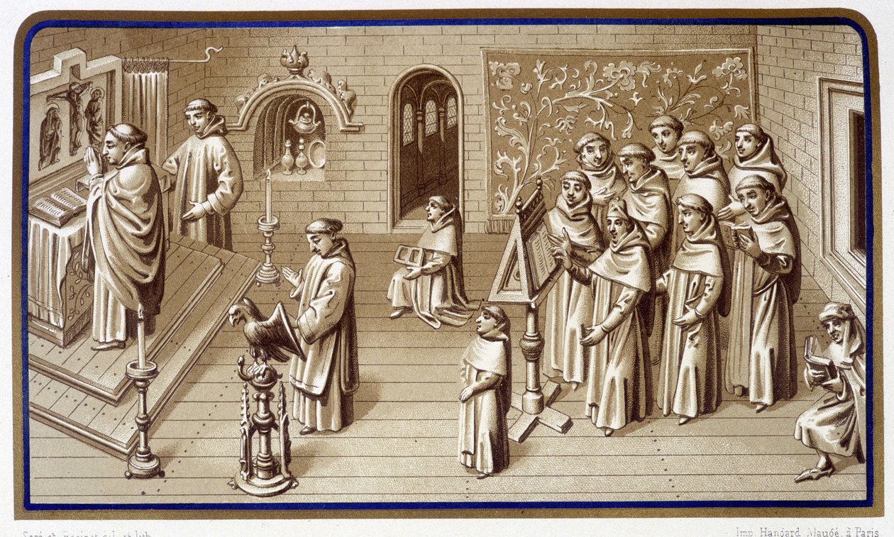 Zakonnicy w kaplicy klasztoru: modlitwa i chór. Grisaille Cudów Matki Bożej. Chromolitografia. 19 wiek autorstwa Unknown artist