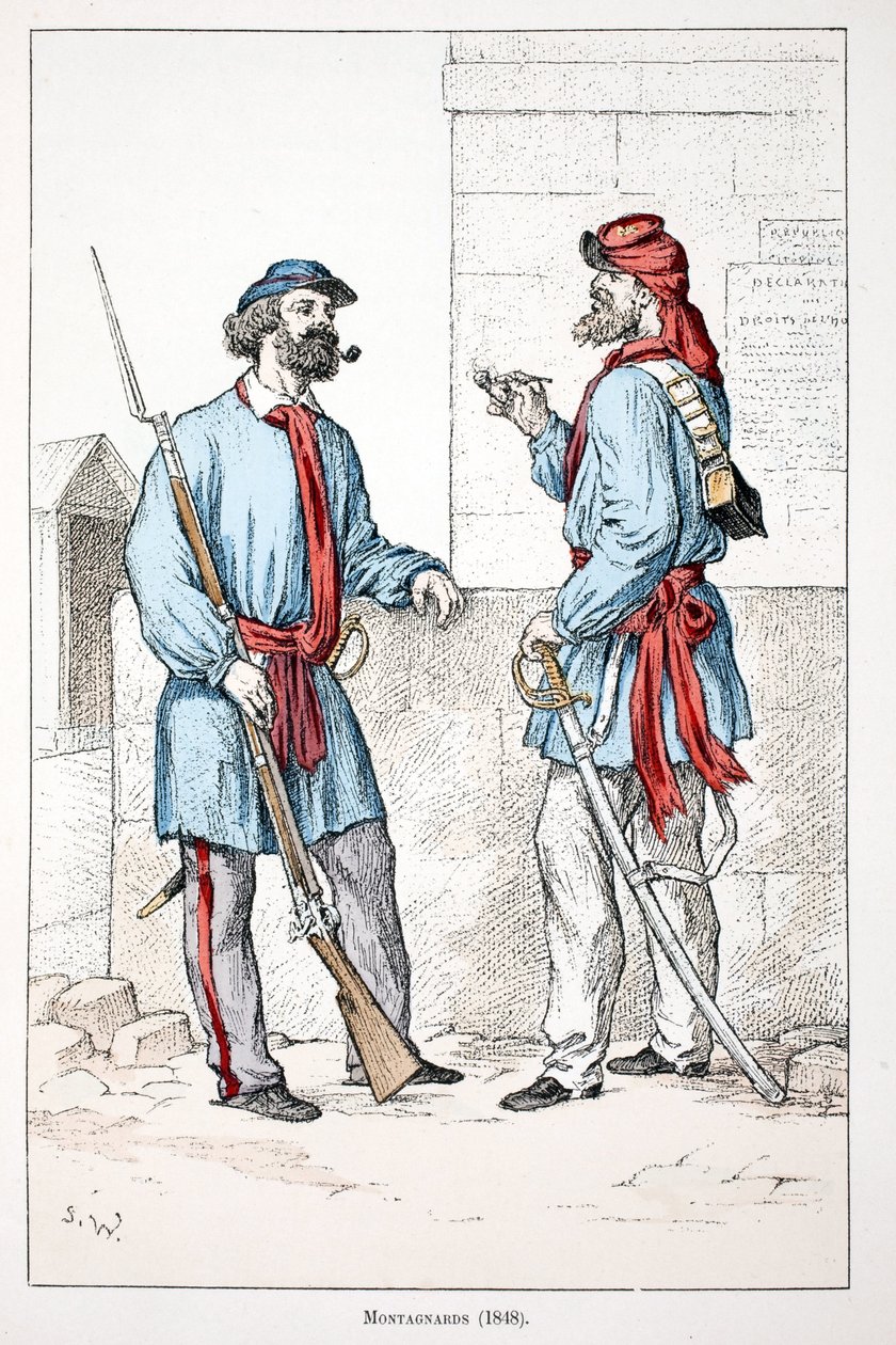 Alpiniści (1848). Akwaforta w kolorach, dla ilustracji „Historia korpusu sił pokojowych””” książka wydana pod auspicjami Louisa Lepine’a (1846-1933) prefekta policji nad Sekwaną, autorstwa Alfreda Reya (1864-?) i Louisa Ferona (1862) -?), edytuj autorstwa Unknown artist