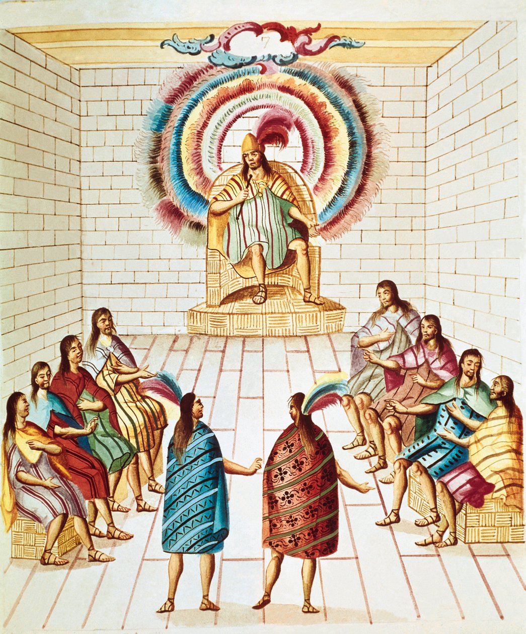Montezuma (lub Montezuma II), cesarz Azteków (1466-1520) i jego rada Akwarela narysowana z „Teatro de la Nueva Espana” Diego Garcii Panesa (1730-1811) Mexico City, National Library autorstwa Unknown artist