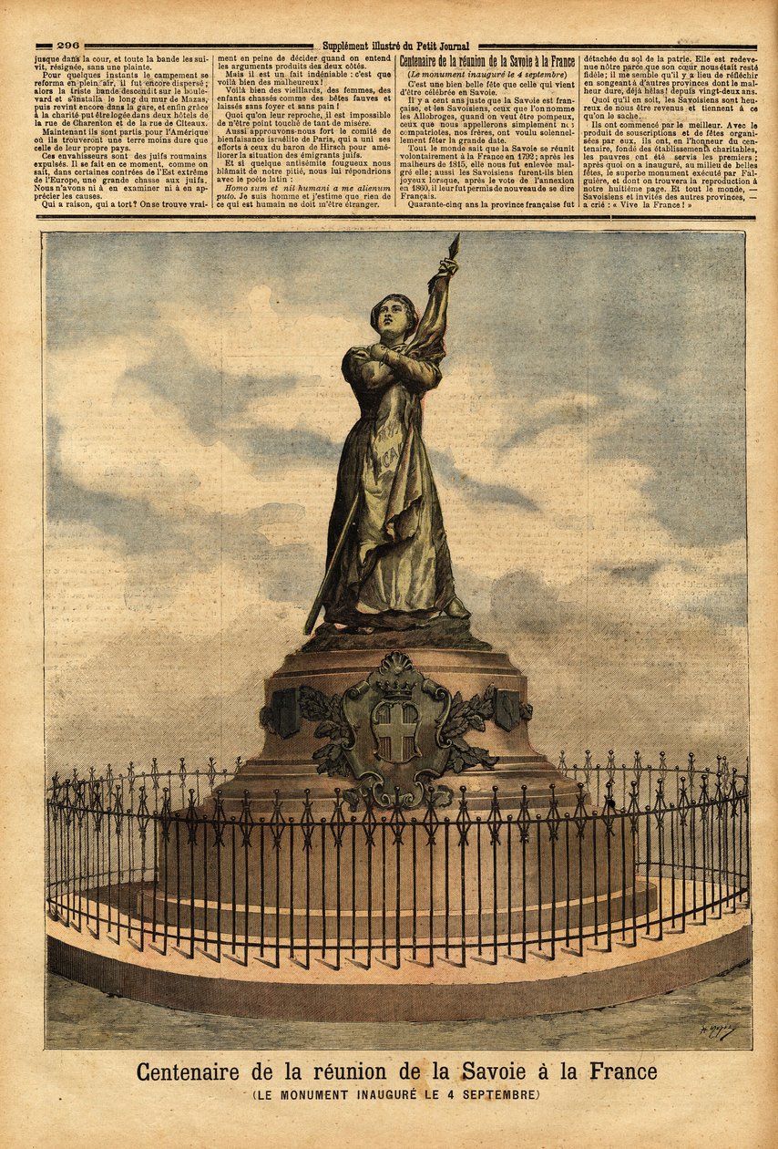 Pomnik upamiętniający stulecie przyłączenia Sabaudii do Francji (1792), autorstwa rzeźbiarza Falguiere, odsłonięty 4 września. Rycina w „”Le petit journal”” 10.10.1892. Kolekcja Selvy. autorstwa Unknown artist