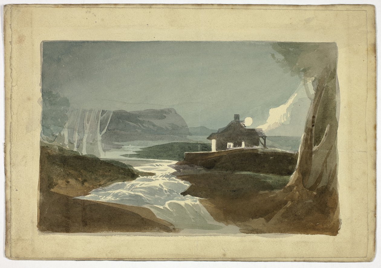 Księżyc nad domkiem nad wodospadem (recto); Wieża i kryty strzechą dom miejski (verso) autorstwa Unknown artist