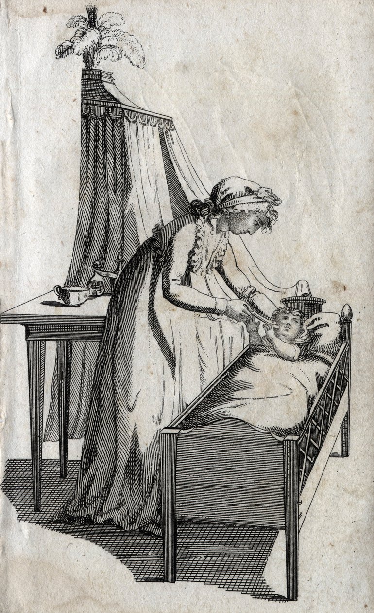 Matka i dziecko w kołysce. Grawerowanie pod koniec XVIII wieku. Prywatna kolekcja. autorstwa Unknown artist