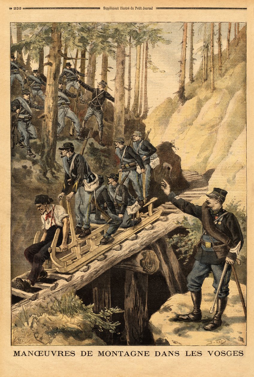 Manewr górski w Wogezach batalionu myśliwych alpejskich z prośbą o schlitte, sanie do wyrębu. Grawerowanie w „”Le petit journal”” 19.07.1896. Kolekcja Selvy. autorstwa Unknown artist