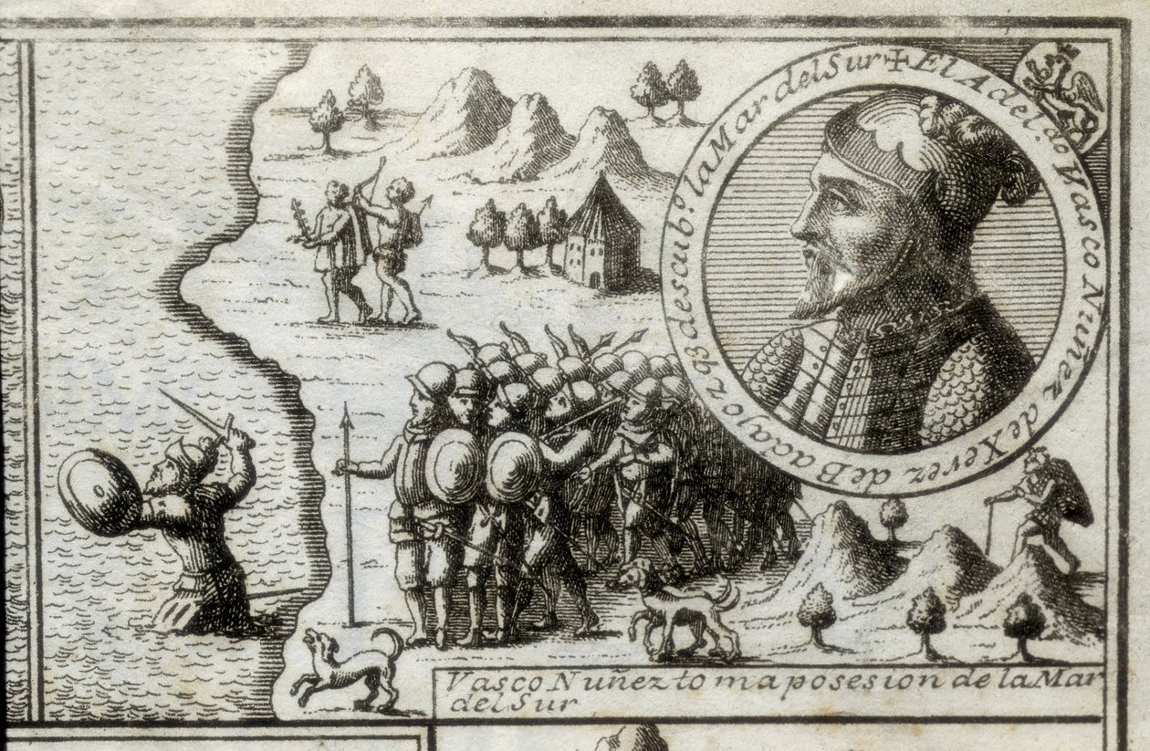 NUNEZ DE BALBOA, Vasco (1475-1517). Angielski odkrywca i zdobywca. Hiszpania. Hiszpańska kolonizacja (1513). Vasco Nunez opanowujący Morze Południowe. Zdjęcie z 1728 roku. Rycina. autorstwa Unknown artist