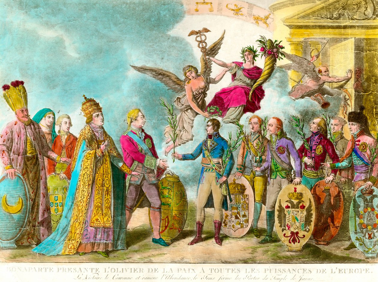 Napoleon Bonaparte (1769-1821) przedstawia drzewo oliwne pokoju wszystkim mocarstwom Europy. Grawer 1801 Kolekcja prywatna autorstwa Unknown artist