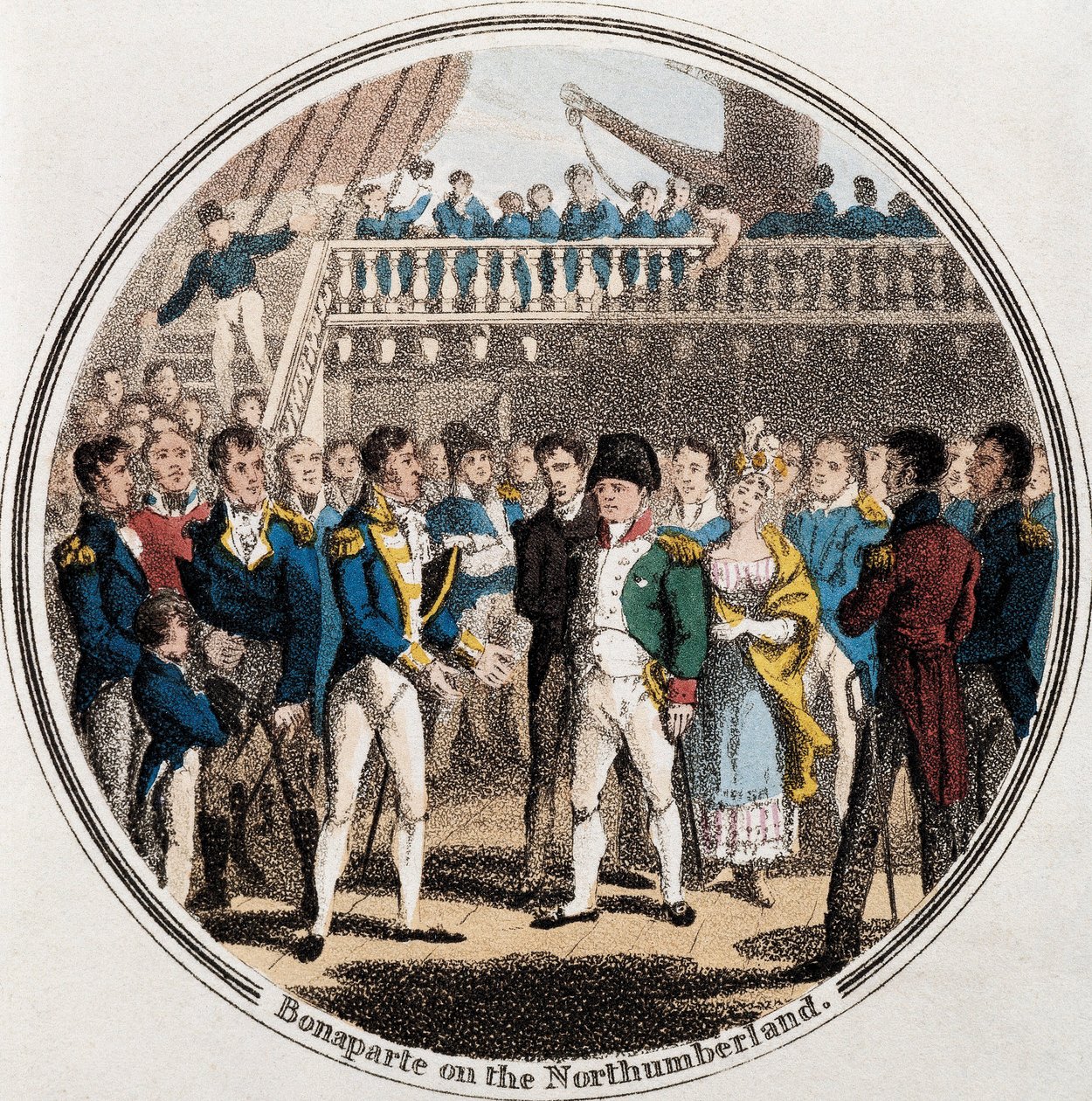 Napoleon Bonaparte i angielski admirał George Cockburn na Northumberland w towarzystwie Madame Bertrand (kolor lito) autorstwa Unknown artist