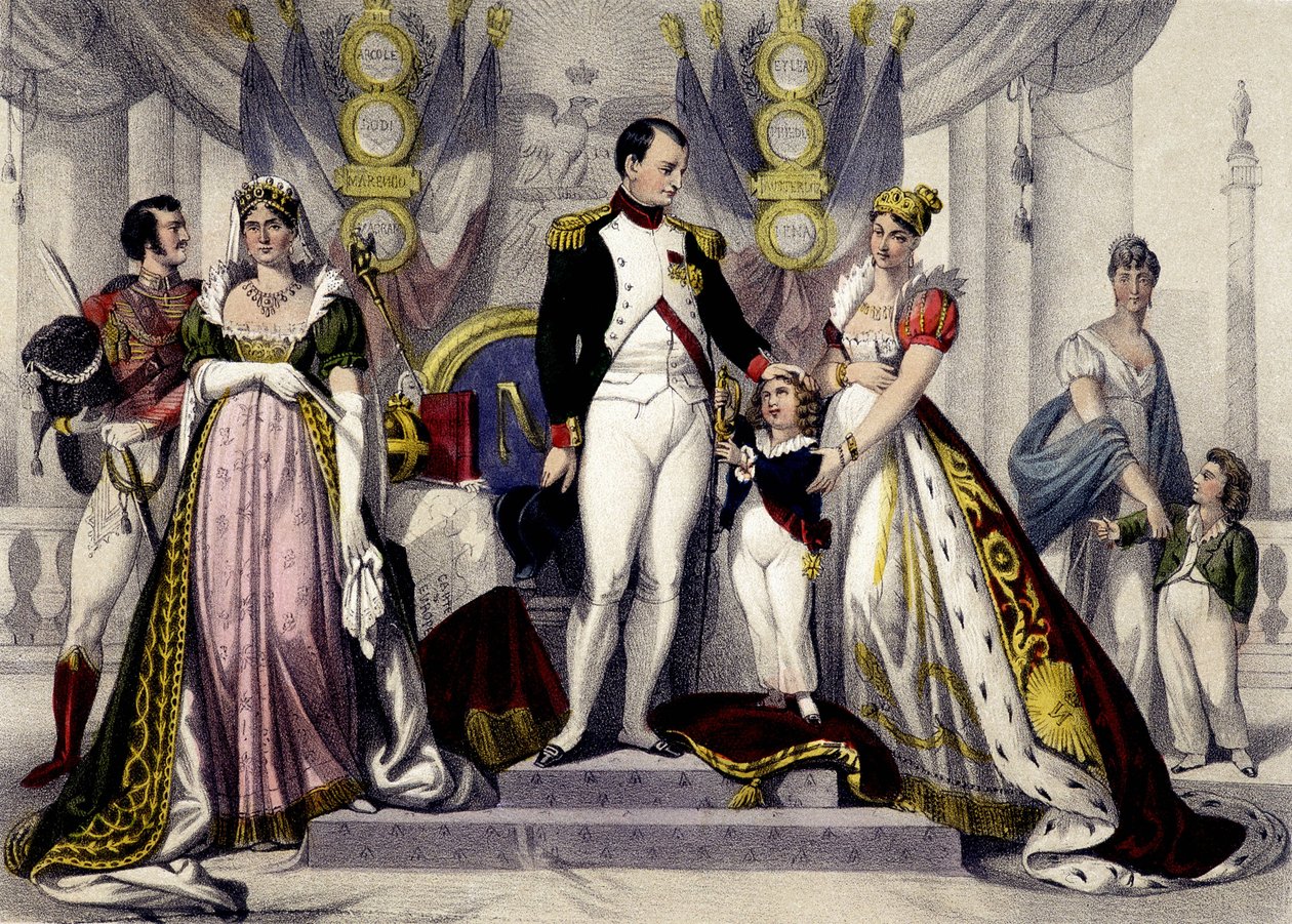 Dynastia napoleońska od 1804 do 1815 r. Józefina, Napoleon I, król Rzymu, Maria Ludwika. Rycina XIX wieku. autorstwa Unknown artist