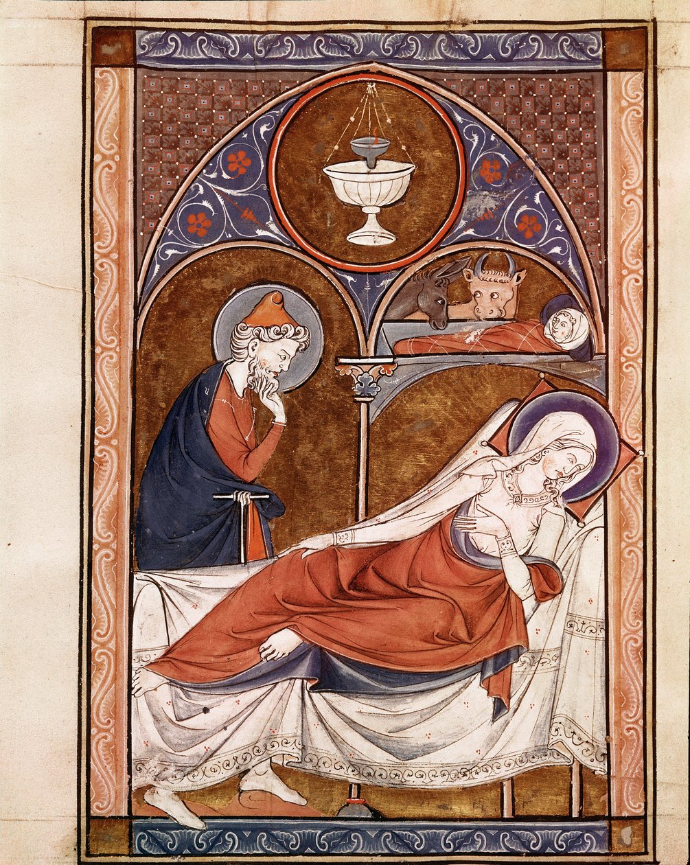 Narodzenia: przedstawia się tu Najświętszą Marię Pannę leżącą na łóżku Kartka zaczerpnięta z rękopisu „Psalterium Cum Calendario” XIII-wieczna Padwa, biblioteka seminarium duchownego autorstwa Unknown artist