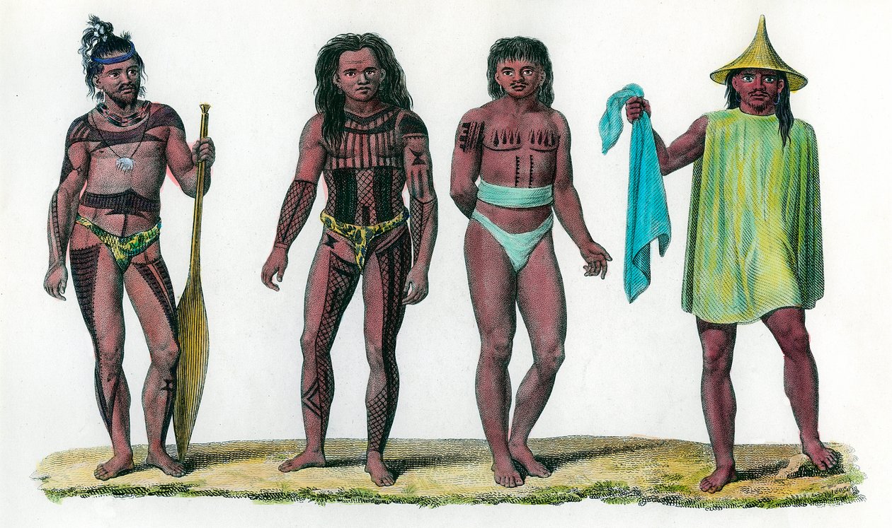 Naturalne wyspy Uros Penelope i Aouar, populacja kontynentu Oceanii. Grawerowanie XVIII wieku. Prywatna kolekcja. autorstwa Unknown artist