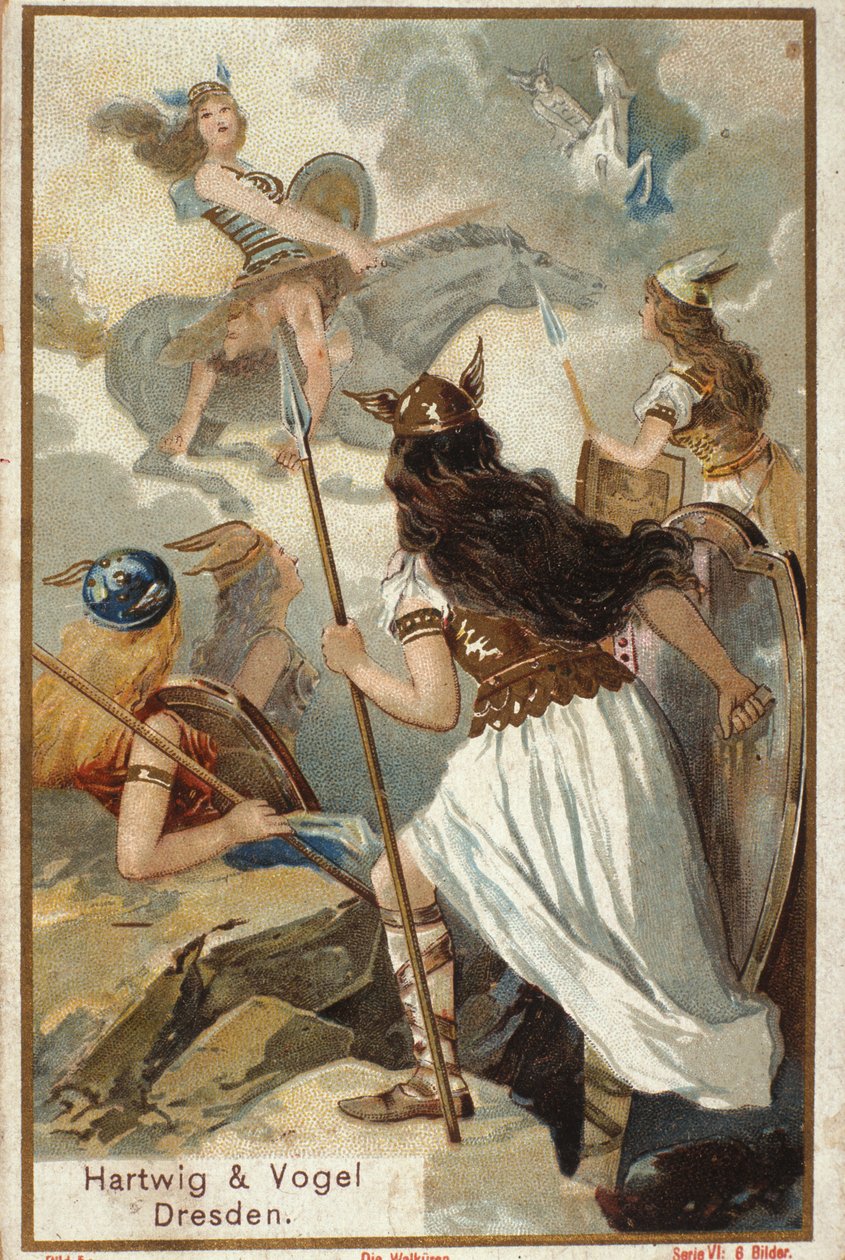 Mitologia nordycka: Walkyrie (dziewicze wojownicy) w Walhalli (lub Walhalla, Walhalla, Walhalle: miejsce, w którym sprowadzani są dzielni wojownicy) i upadek wojowników w bitwie. chromolitografia z XIX wieku autorstwa Unknown artist