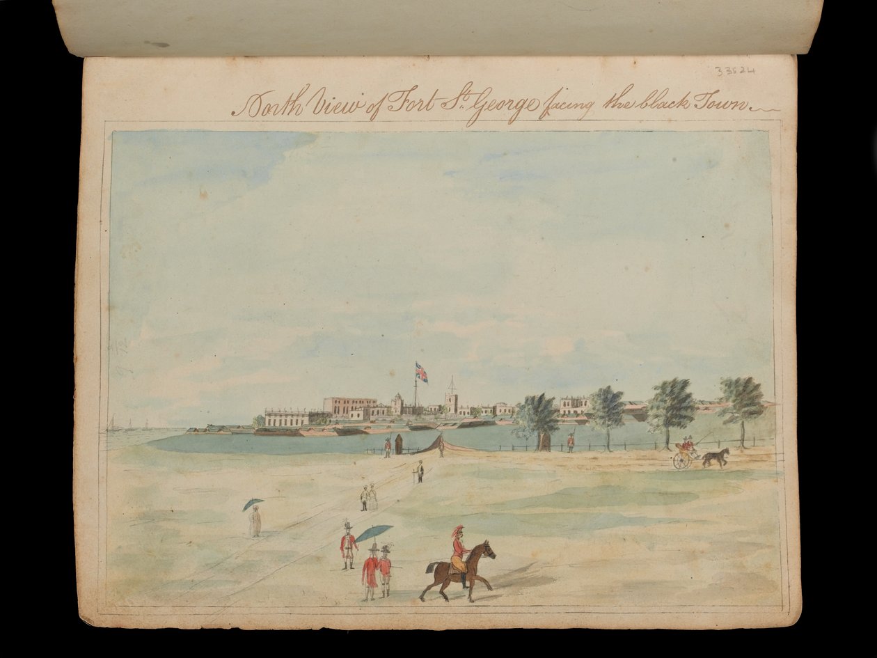 Widok północny na Fort St George z widokiem na czarne miasto”, ok. 1800 (akwarela) autorstwa Unknown artist