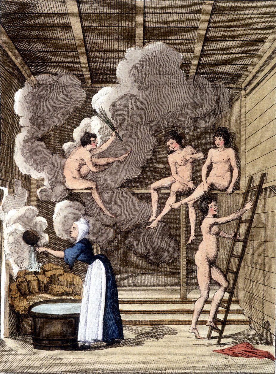 Nagie postacie w saunie Filandan. Rycina z 1811 roku zawiera księgę o podróży. autorstwa Unknown artist