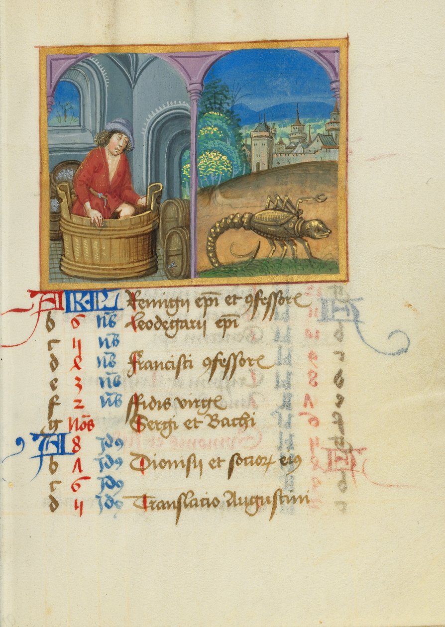 Październikowa strona kalendarza; Treading Grapes; Skorpion autorstwa Unknown artist