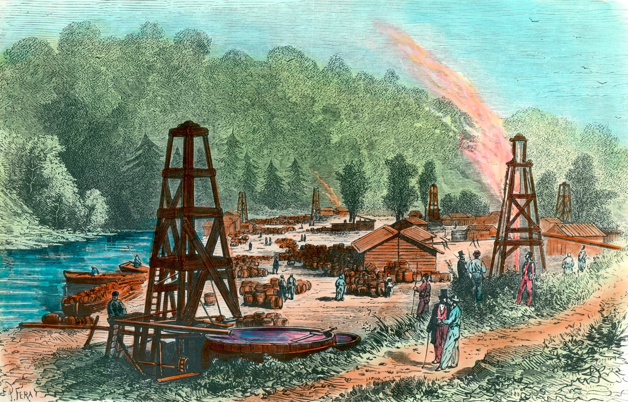 Szyby naftowe w Tarr Farm w Pensylwanii, USA. Rycina XIX wieku. Prywatna kolekcja autorstwa Unknown artist