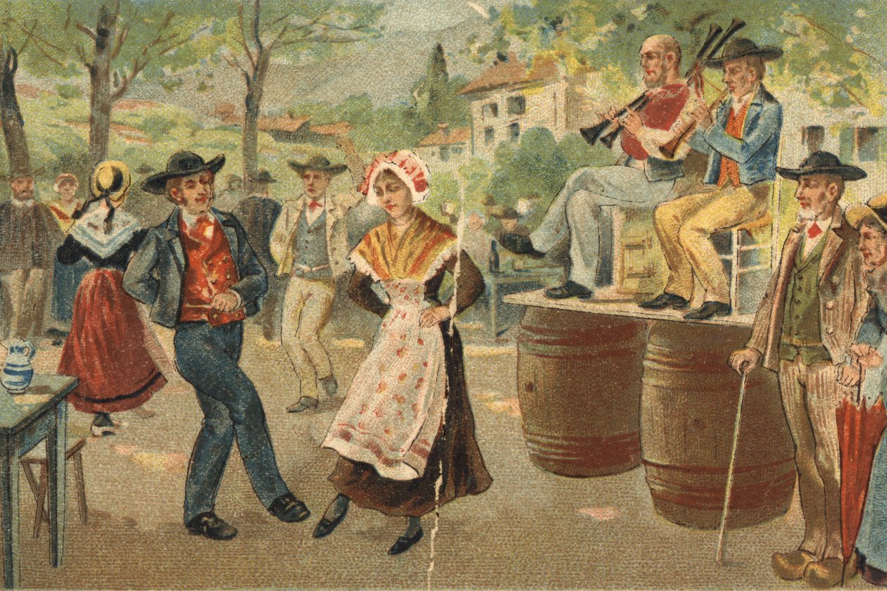 Stary zwyczaj obchodzony w regionie Owernii: boja podczas święta św. Jana. Chromolitografia z końca XIX wieku. autorstwa Unknown artist