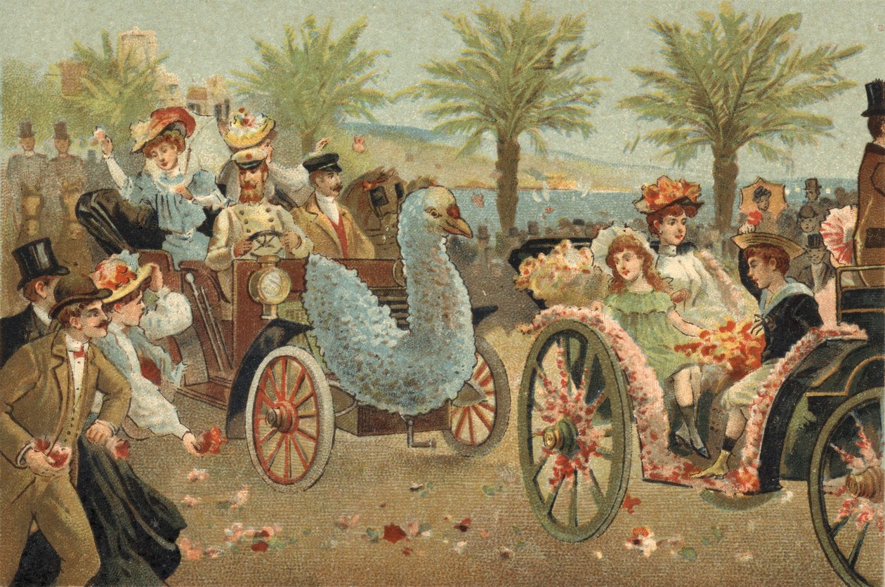 Stary zwyczaj obchodzony w hrabstwie Nicei: kwieciste corso w Nicei. Chromolitografia z końca XIX wieku. autorstwa Unknown artist
