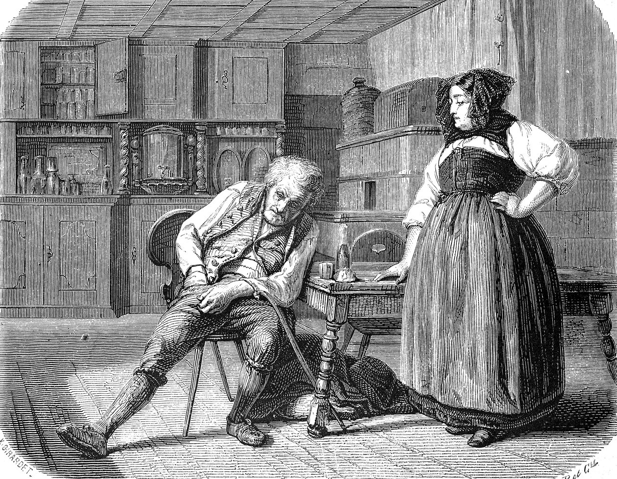 Stary człowiek w gospodzie we Francji, szuka w kieszeni pieniędzy na opłacenie rachunku autorstwa Unknown artist
