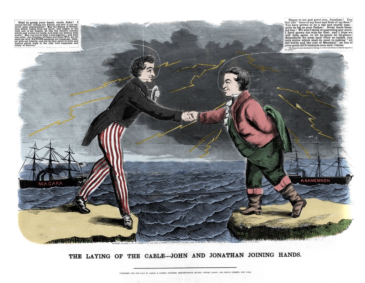 17.08.1858 wymieniono pierwsze transatlantyckie przesłanie: dwie alegoryczne postacie reprezentujące Johna (Anglia) i Jonathana (Stany Zjednoczone) gratulowały sobie nawzajem sukcesu przerwania podwodnego kabla między Europą a Nowym Światem. Za tym autorstwa Unknown artist