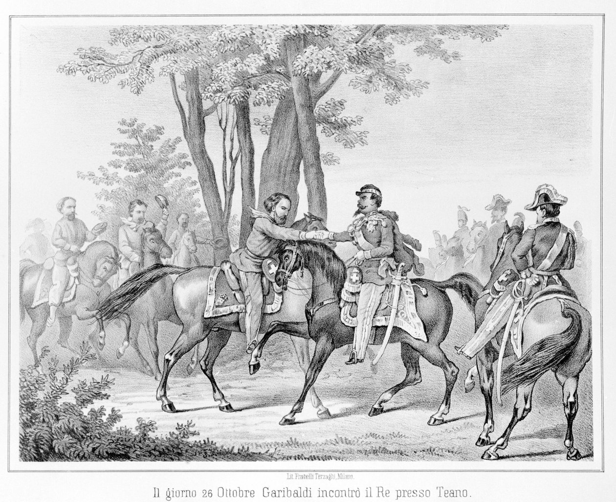 26 października 1860 Giuseppe Garibaldi spotkał króla Wiktora Emanuela II (Victor-Emmanuel) (Vittorio Emanuele) w pobliżu Teano. Rycina XIX wieku. autorstwa Unknown artist