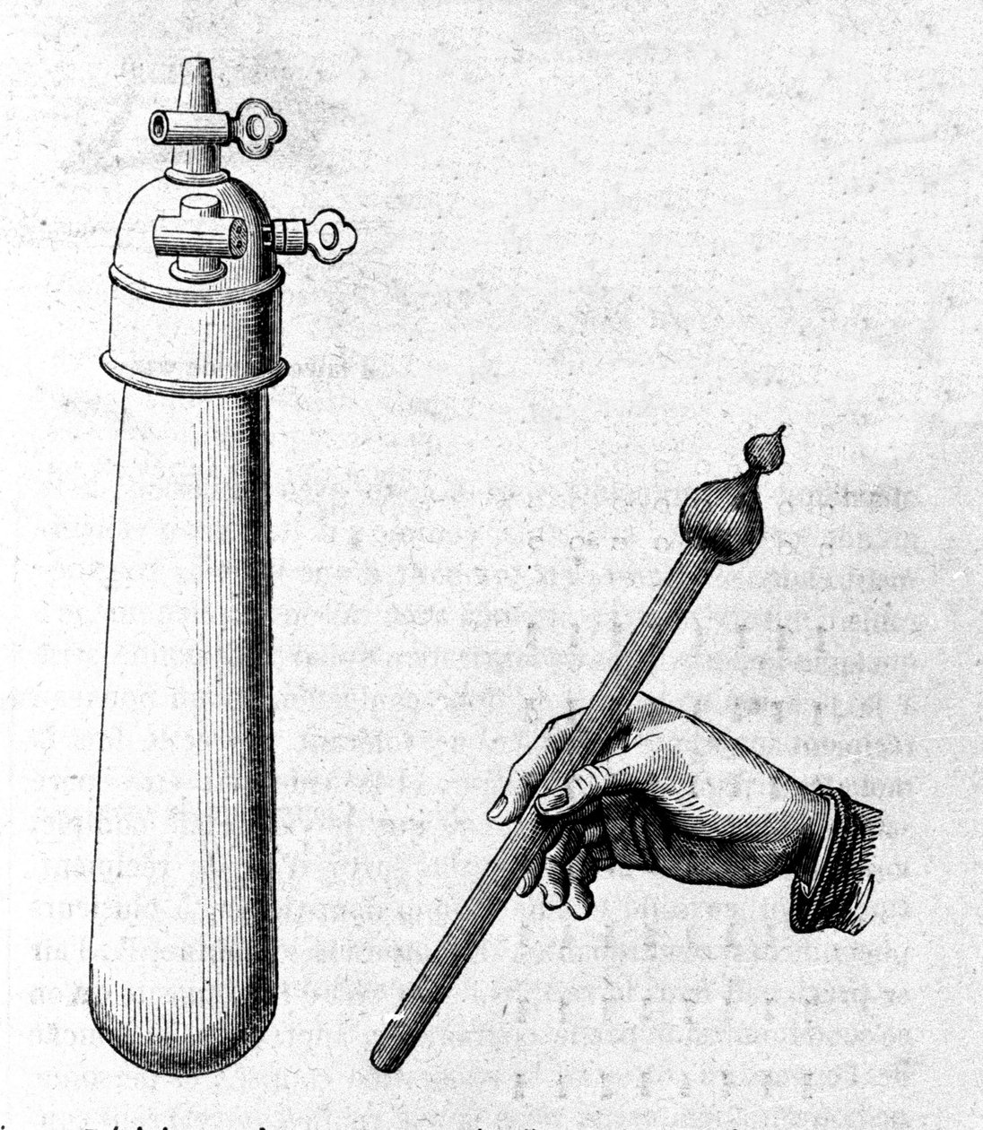 Po lewej stronie pojemnik wykorzystuje pierwsze doświadczenie uderzenia hydraulicznego (przedstawionego po prawej), aby zademonstrować, że w próżni ciecze spadają jak stała masa. Rytownictwo autorstwa Unknown artist