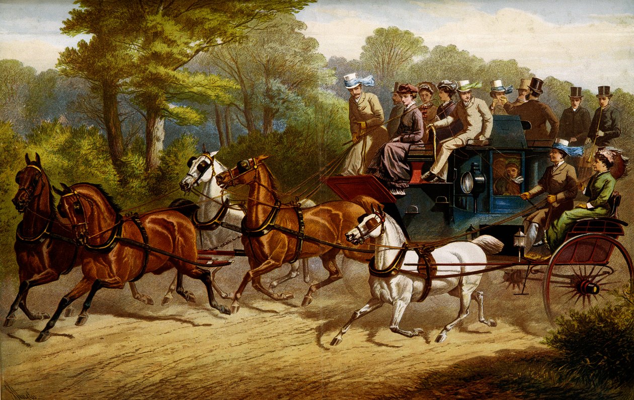 W drodze na derby. Fiakr i omnibus ciągnięty przez konie idące na derby autorstwa Unknown artist