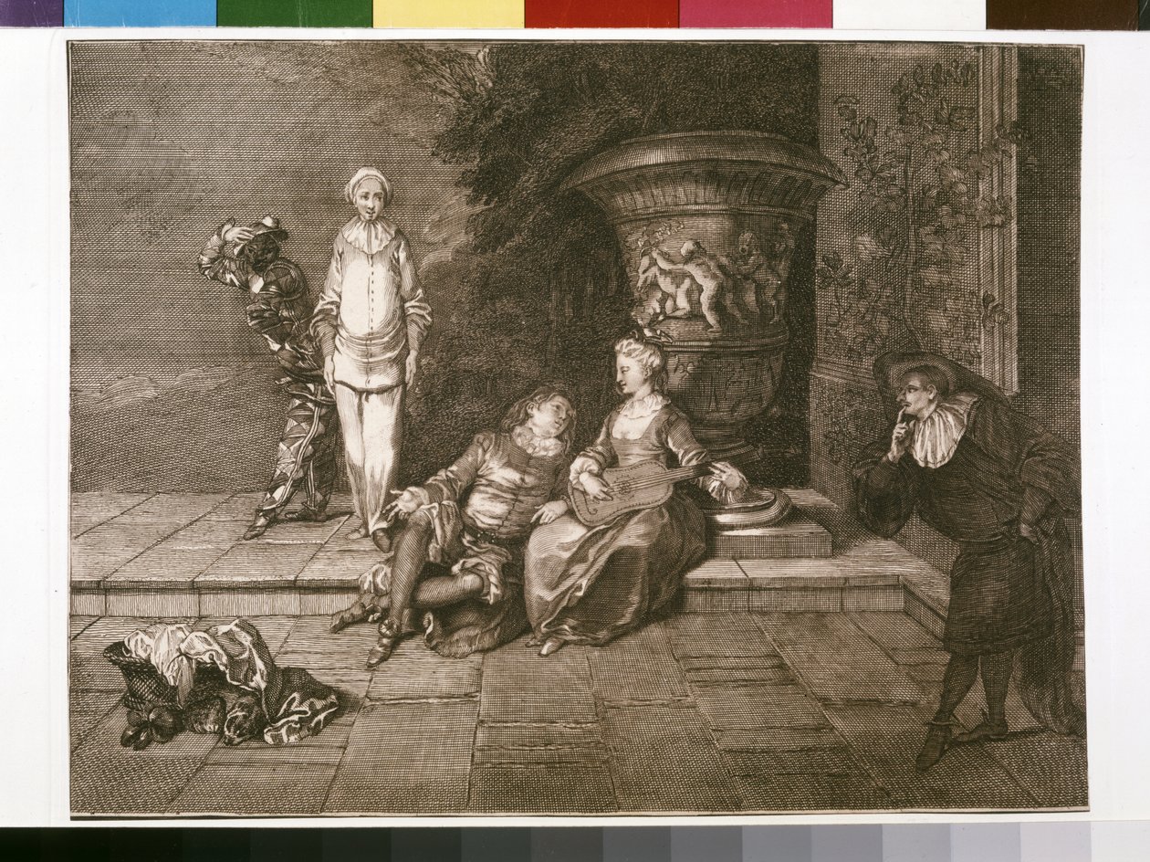 Oryginalny grawerunek z Pierrotem po lewej stronie autorstwa Unknown artist