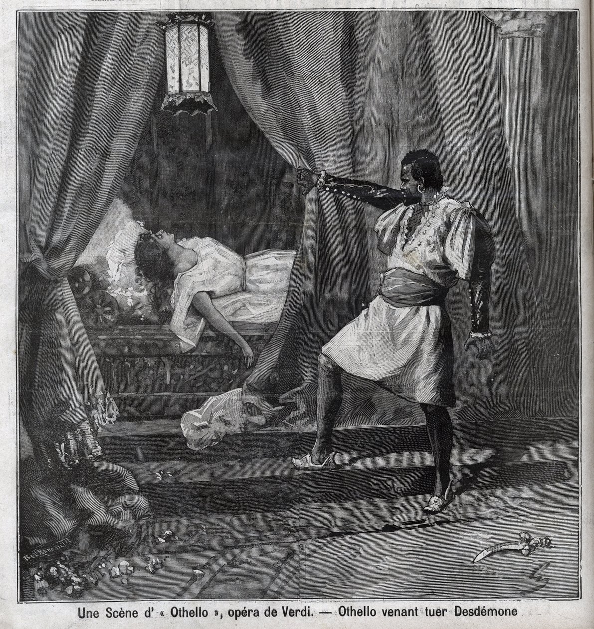 Otello właśnie zabił Desdemonę w swoim łóżku. Scena opery „”Otello”” Giuseppe Verdi (1813-1901) Grawerowanie w „”Le Parisien”” autorstwa Unknown artist