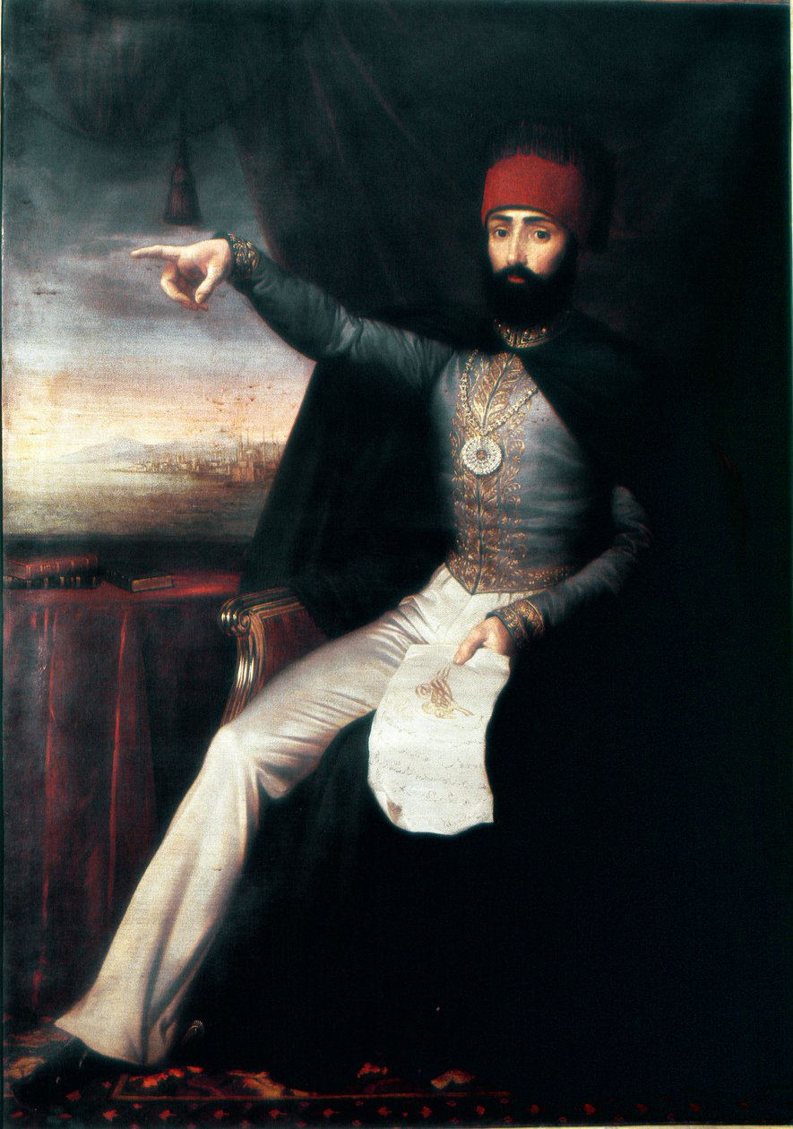 Imperium Osmańskie: Portret sułtana Mahmuda II (1784-1839)”” Jest to reprezentatywne wskazujące palcem może być wskazanie rozkazu rzezi zakonu janczarów. Anonimowy obraz olejny. 1808-1839 Stambuł, Muzeum Topkapi Sarayi, Turcja autorstwa Unknown artist