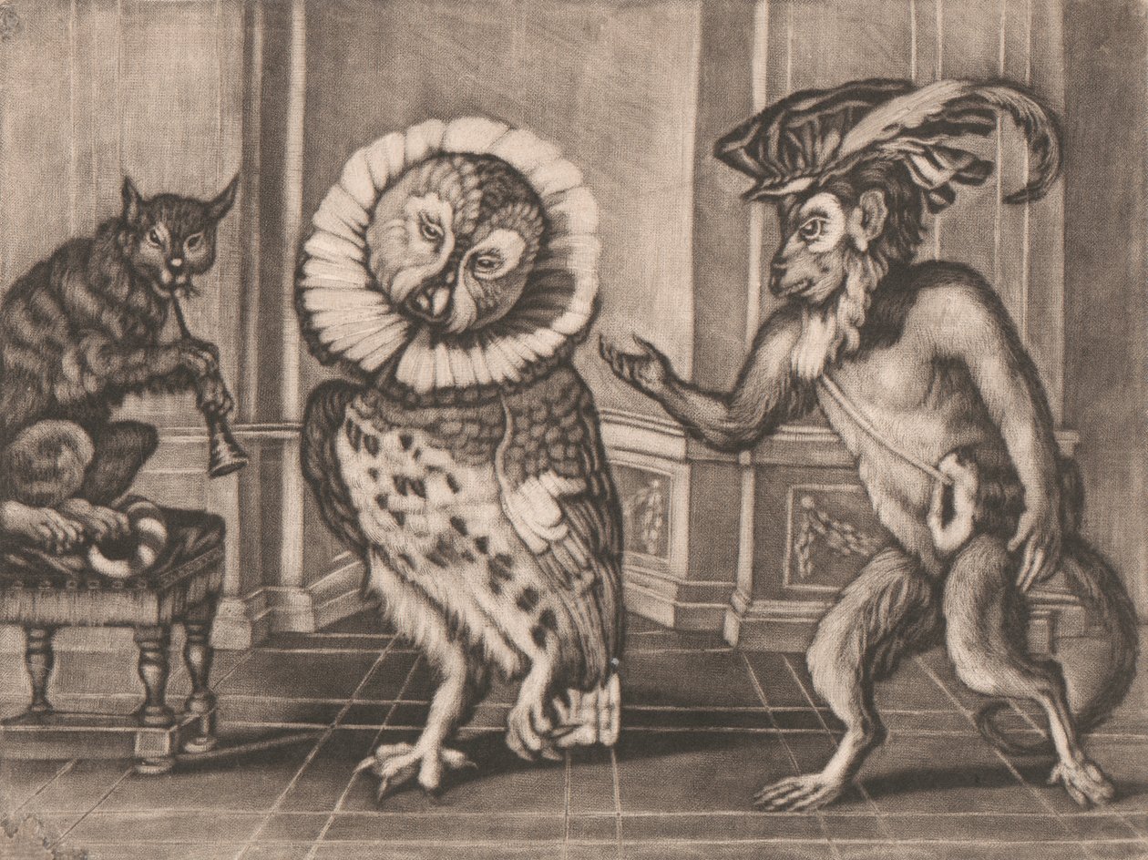 Sowa, małpa i kot z Mezzotintoes autorstwa Smitha, tom. III autorstwa Unknown artist