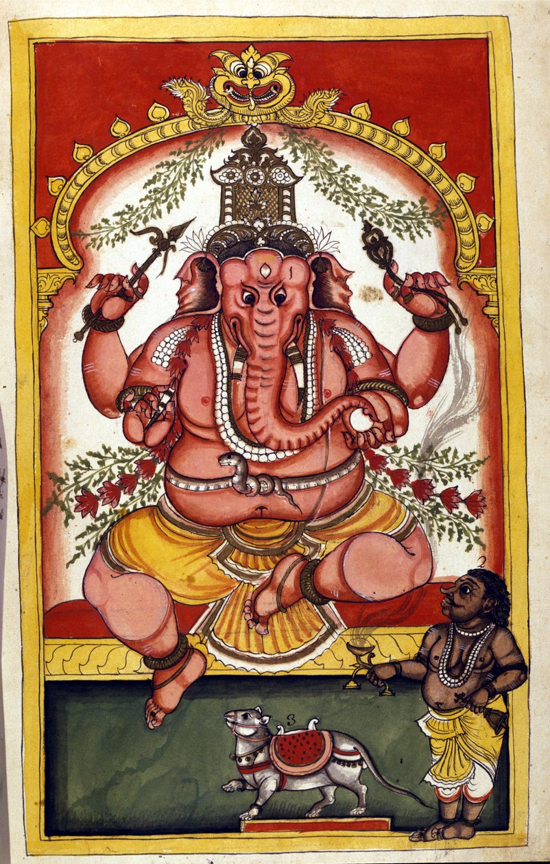 Strona przedstawiająca hinduskiego bóstwa Ganesha (Ganesh lub Ganapati), patrona handlarzy, podróżników i złodziei. Strona zaczerpnięta z rękopisu (ms.8300) „Historia Mogol” (Moghul lub Moghol) autorstwa Stefano Nivibus Cardeira. 18 wiek. Bibloteca marcian autorstwa Unknown artist