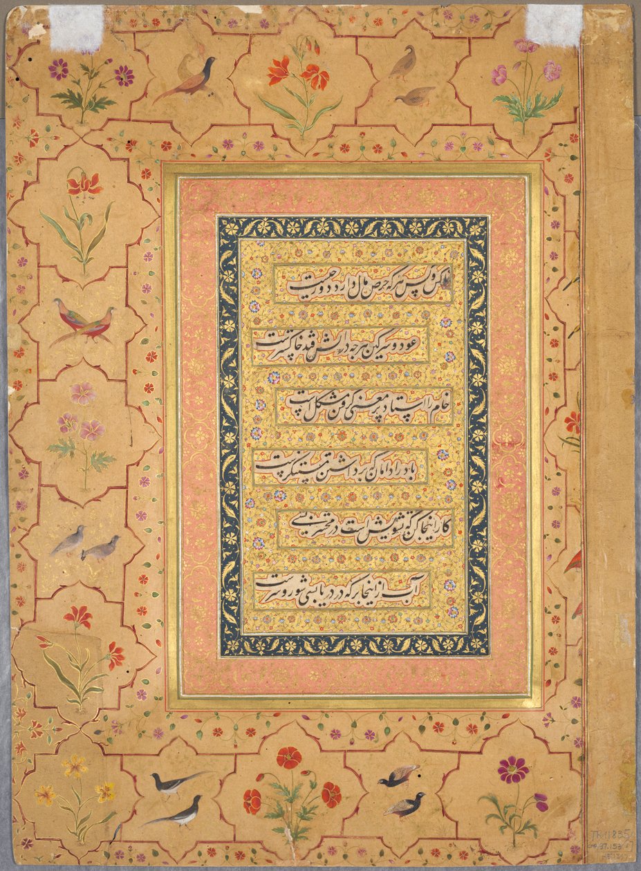 Strona z albumu Late Shah Jahan: Kaligrafia otoczona ozdobną ramką z makami i parami ptaków (verso) autorstwa Unknown artist