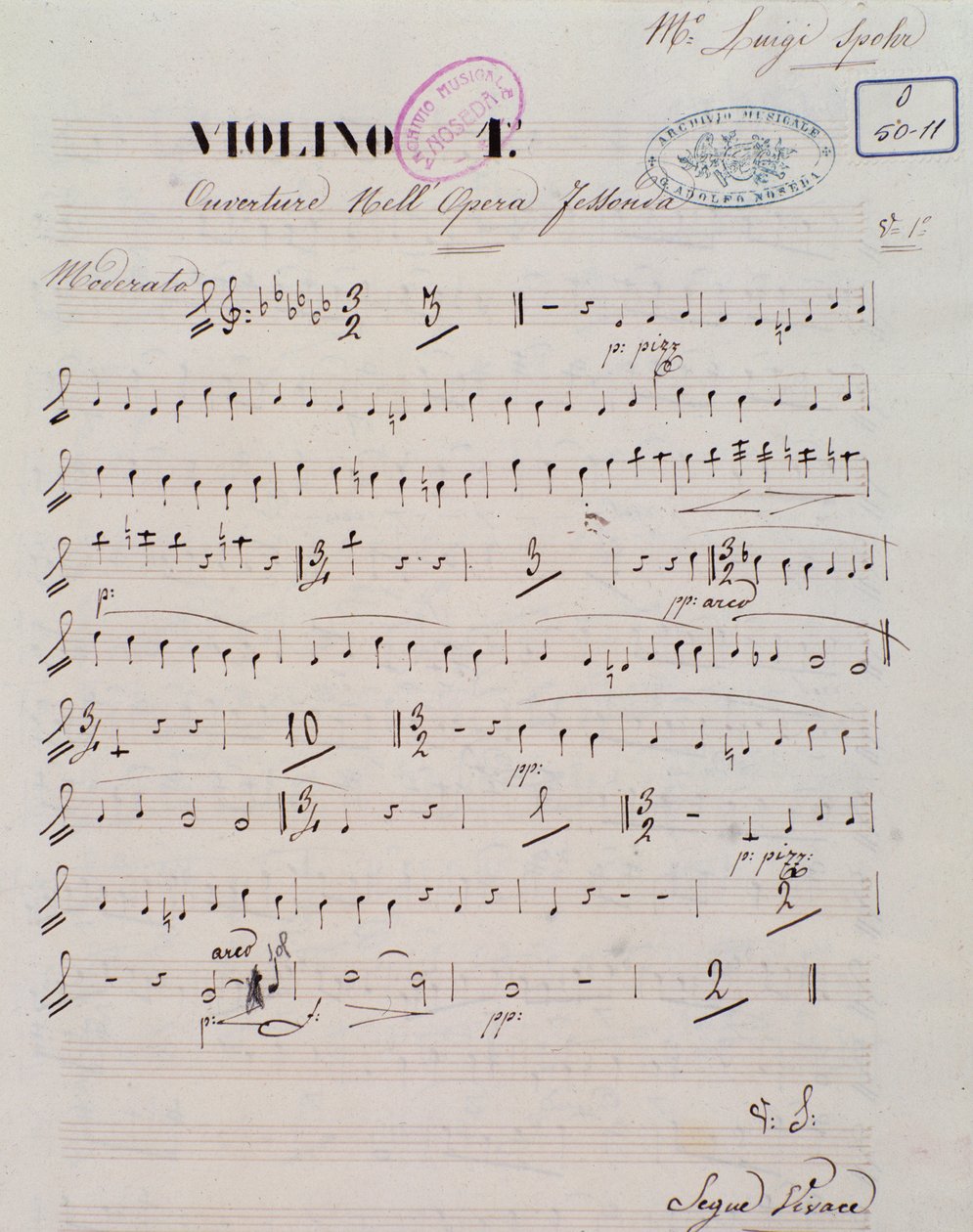 Strona partytury muzycznej na pierwsze skrzypce w uwerturze opery Jessonda Louisa Spohra autorstwa Unknown artist