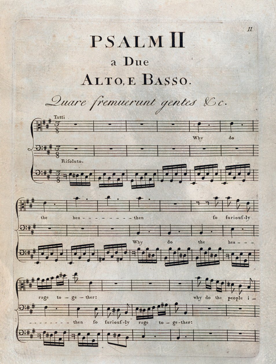Strona drugiego psalmu w partyturze muzycznej „” Psalmy”” Benedetto Marcello autorstwa Unknown artist