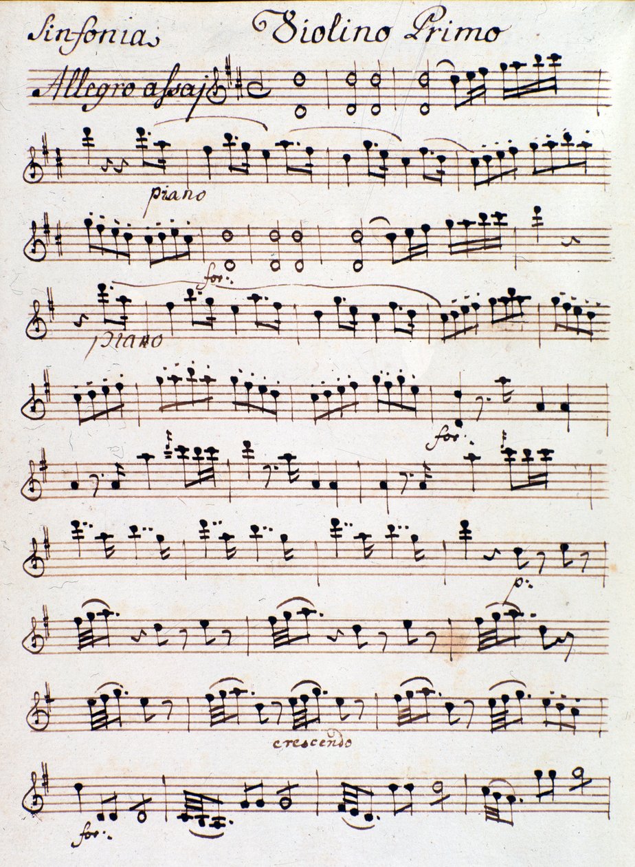Strona z nutami na pierwsze skrzypce I Symfonii. 4 in D Mozarta (1765) autorstwa Unknown artist