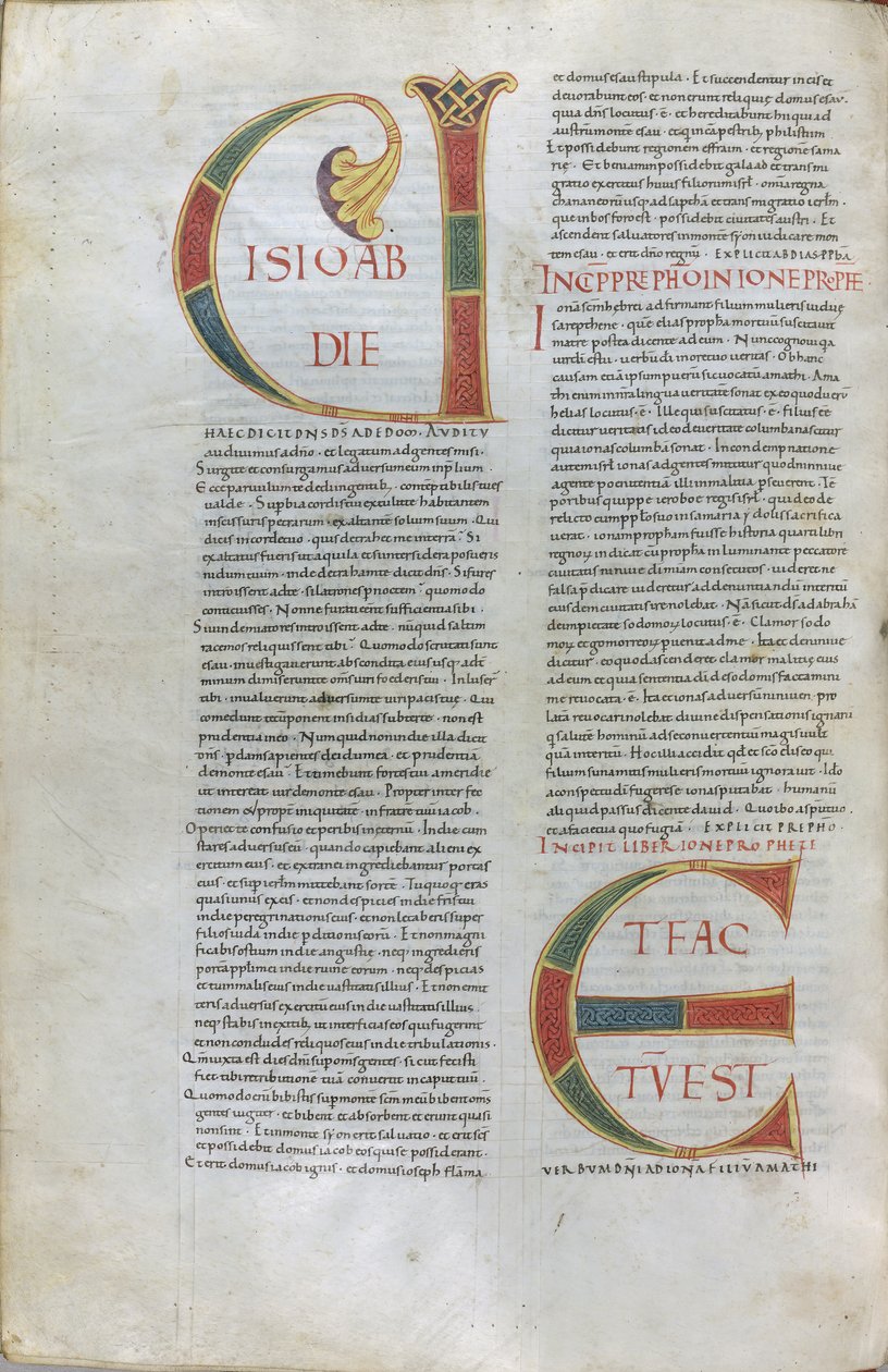 Strona z "incipitem Księgi Proroka Obadiasza (wizja Obadiasza) i incipitem Proroka Jonasza". autorstwa Unknown artist