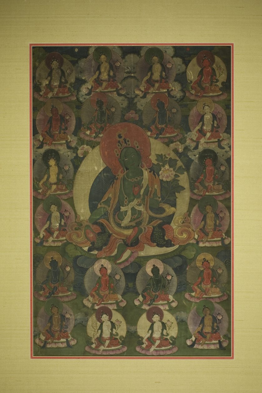 Malowany sztandar (Thangka) Zielonej Tary otoczonej przez dwadzieścia manifestacji autorstwa Unknown artist