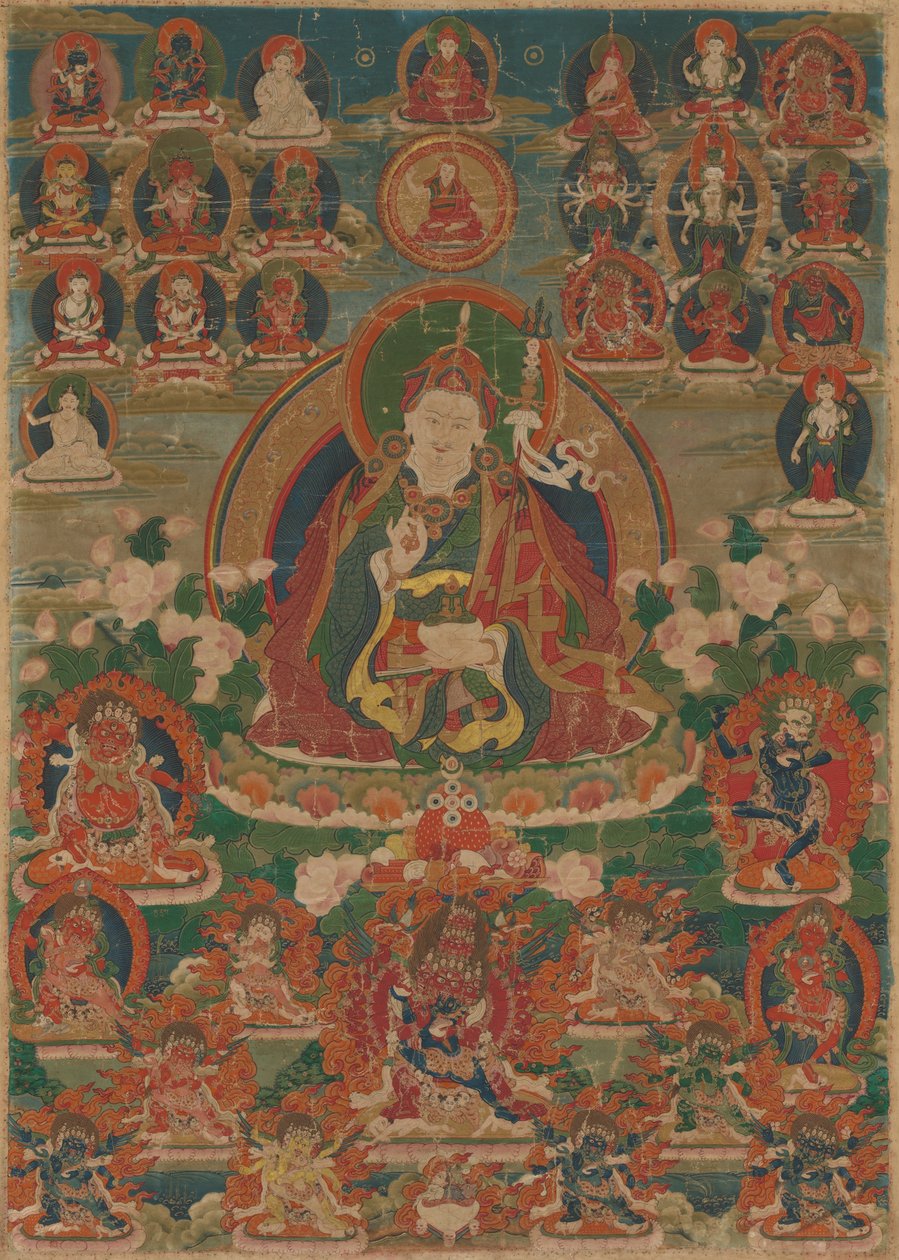 Malowany sztandar (tangka) mędrca Guru Padmasambhawy w pozycji siedzącej, trzymającego piorun (wadżrę) i puchar czaszki (kapalę) autorstwa Unknown artist
