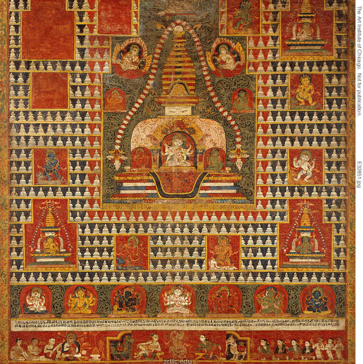 Malowany sztandar (paubha) bogini Ushnishavijaya wewnątrz kopca pogrzebowego (chaitya) i otoczony przez chaityas autorstwa Unknown artist