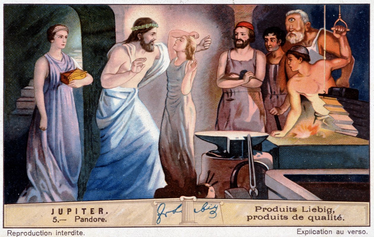 Pandora, pierwsza kobieta, stworzona na zamówienie Jowisza - chromolitografia Liebiga autorstwa Unknown artist