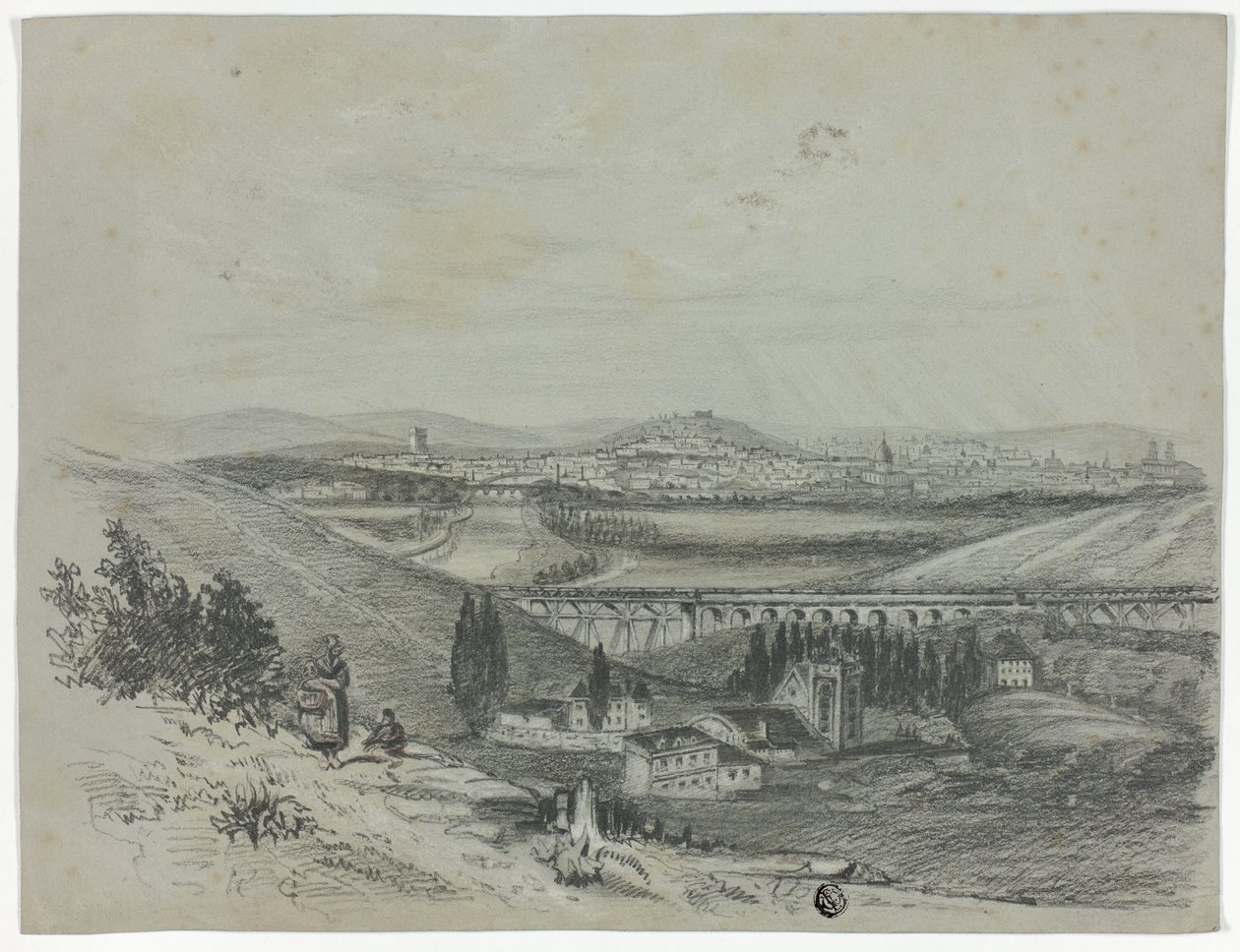 Panoramiczny widok na most kolejowy i miasto autorstwa Unknown artist