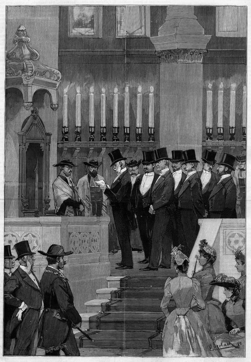 Paryż 1890: urząd Zadoca Kahna (Zadoc-Kahna) (1839-1905) wielkiego rabina Francji. Monsieur Alphonse de Rothschild (1827 -1905) odczytujący kolejność nominacji. autorstwa Unknown artist
