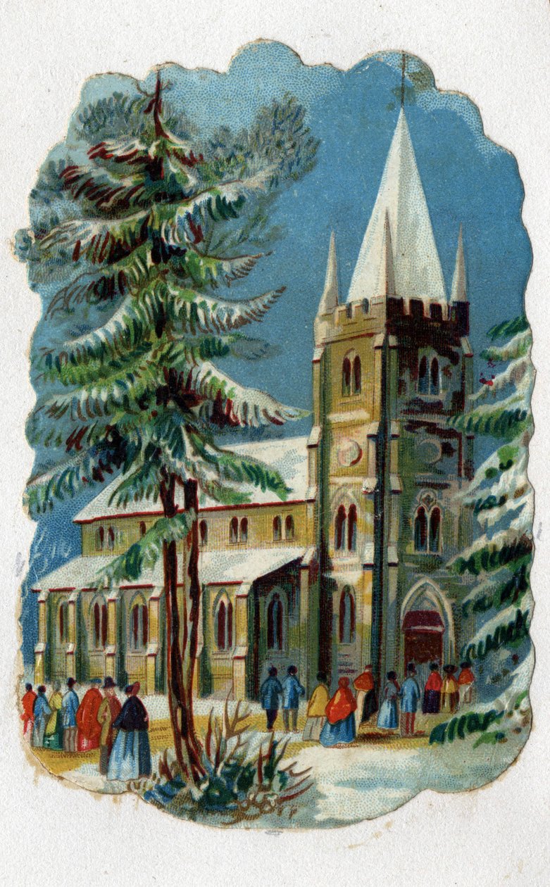 Parafianie chodzą do kościoła na niedzielną mszę. Chromolitografia około 1890 r. autorstwa Unknown artist