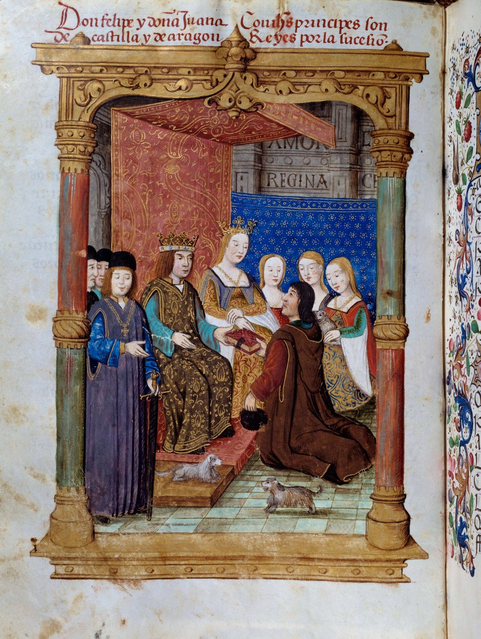 Pedro Marcuello prezentujący swoją książkę królowi Filipowi I Hasburgowi znanemu jako Piękny (1478-1506) i królowej Kastylii Joan Iere (1504-1555). Miniatura w „”Devotional of the Queen Da Juana, którą nazwali Wariatką”” Pedro Marcuello autorstwa Unknown artist