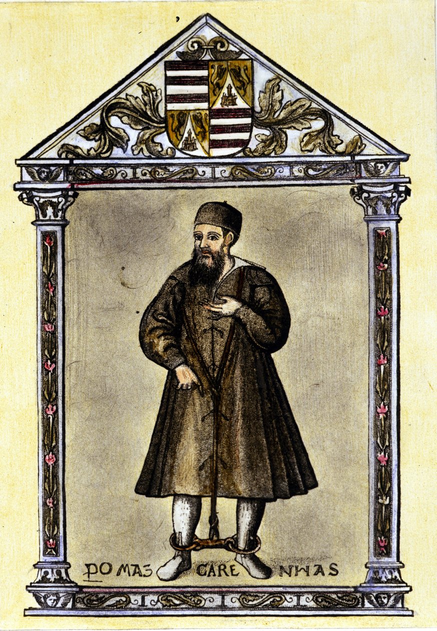 Pedro Mascarenhas (portugalski nawigator) przykuty łańcuchami. autorstwa Unknown artist
