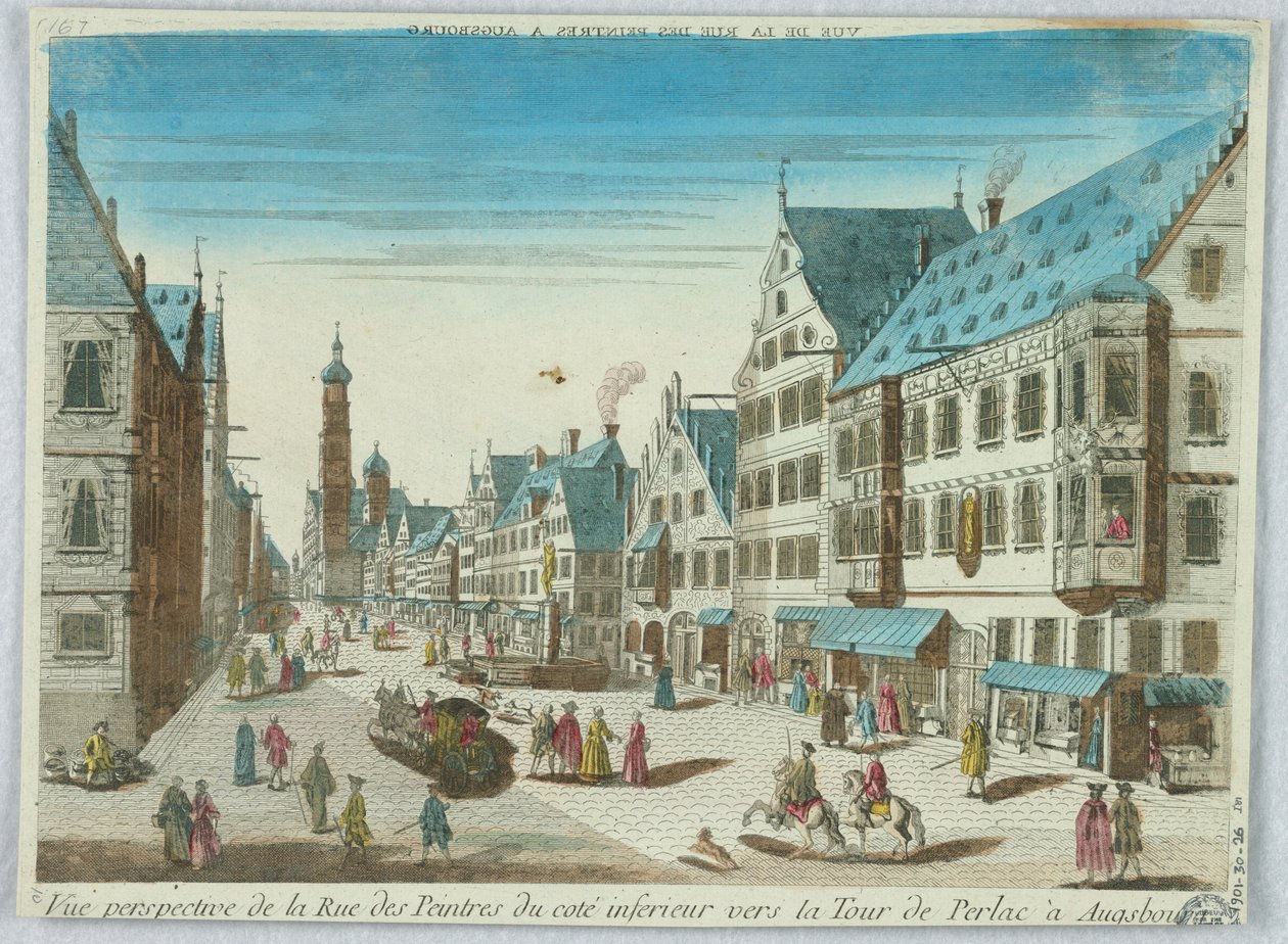 Peep-show, widok perspektywiczny ulicy malarzy z dolnego wybrzeża w kierunku wieży Perlac w Augsburgu autorstwa Unknown artist