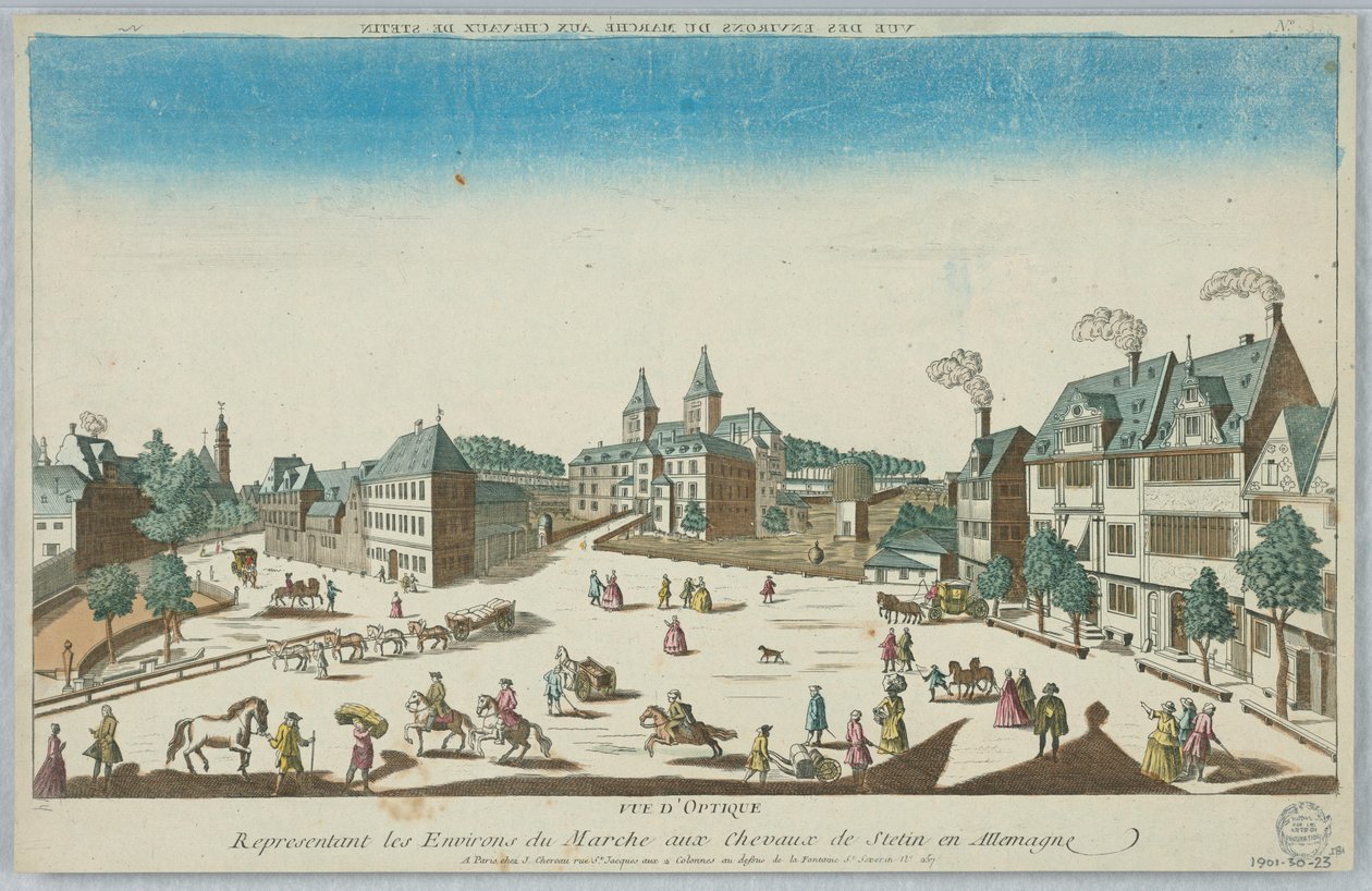 Peep-show, widok optyczny przedstawiający otoczenie targu koni w Szczecinie w Niemczech autorstwa Unknown artist