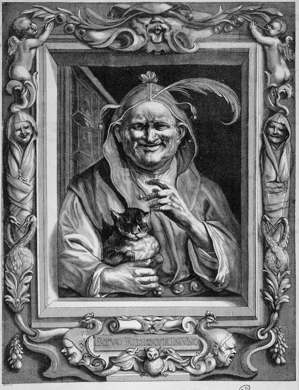 Personifikacja szaleństwa trzymającego kota, b.d. autorstwa Unknown artist