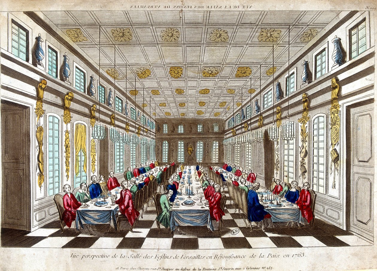 Perspektywiczny widok Salle des Festins de Versailles na cześć pokoju w 1763 roku między Wielką Brytanią, Francją i Hiszpanią. autorstwa Unknown artist