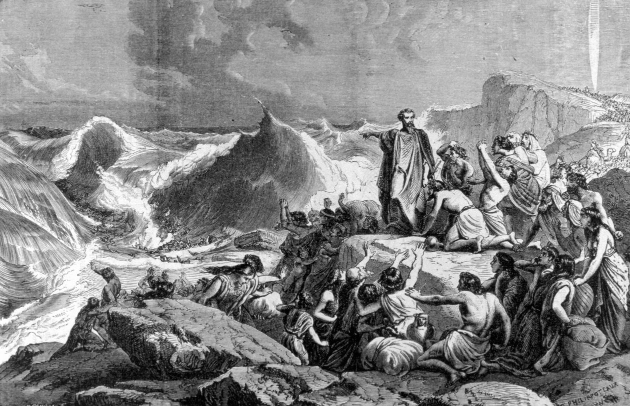 Faraon zanurzony w Morzu Czerwonym. Grawerowanie z XIX wieku. autorstwa Unknown artist